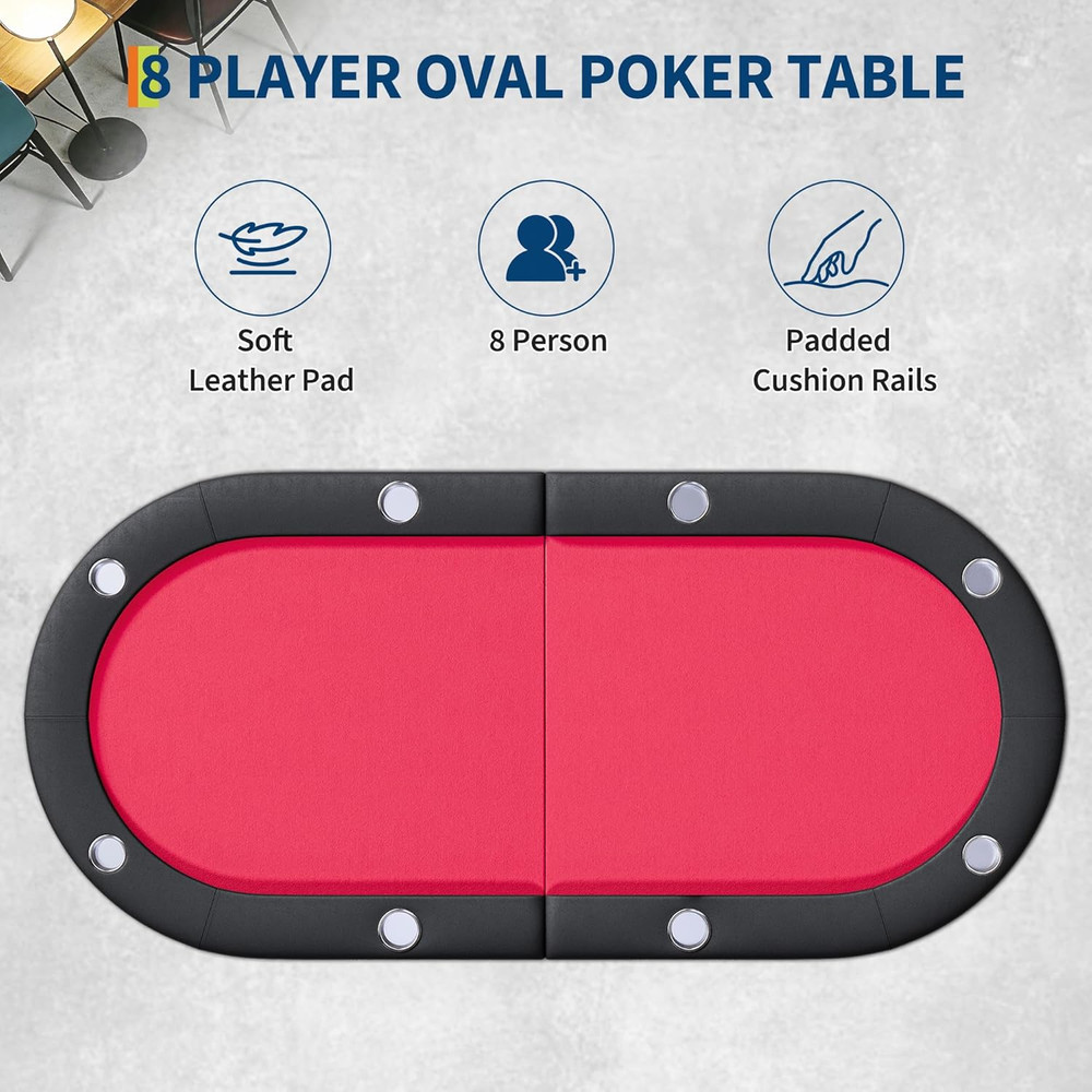 72" Foldable 8-Player Poker Table with Cup Holders & Storage Bag - Red