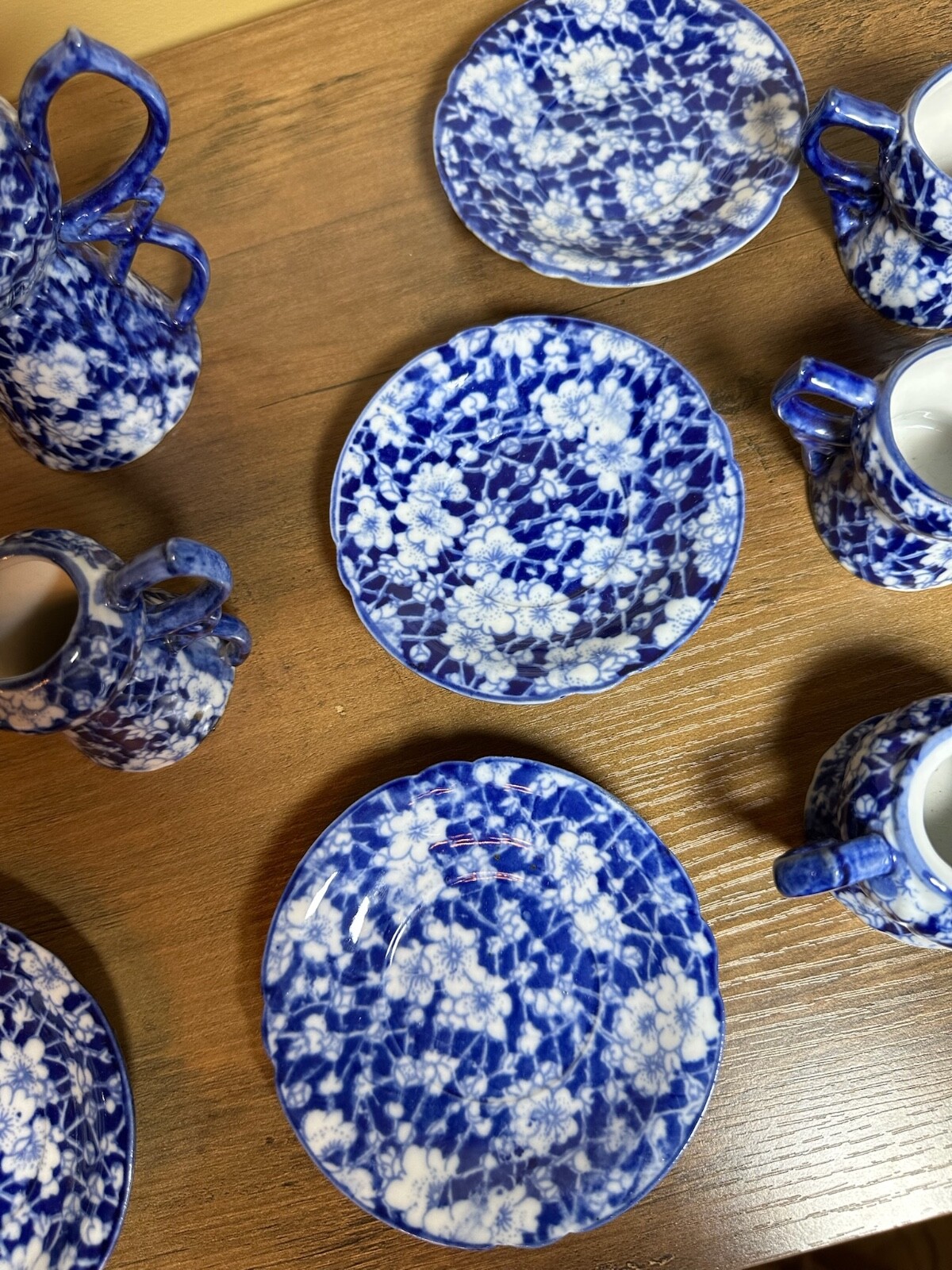 Victoria Ware Stoneware Small Tea Cups Saucers Sugar Creamer Cobalt Flue Floral