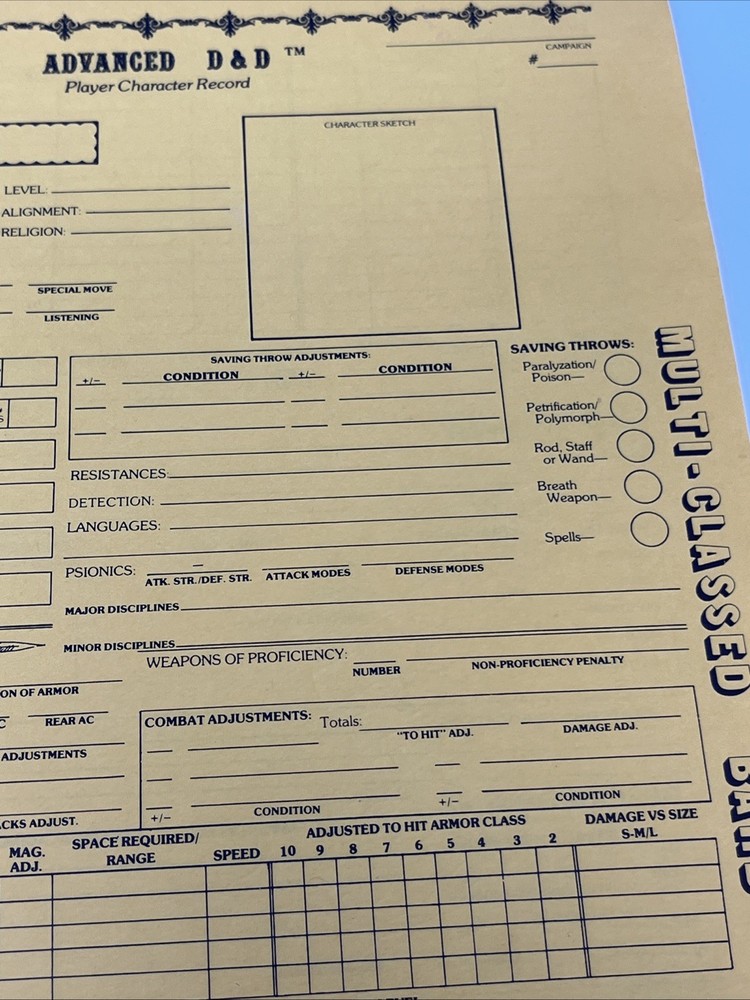 Original AD&D Player Character Record Sheet—Multi Classed Bard Light Use