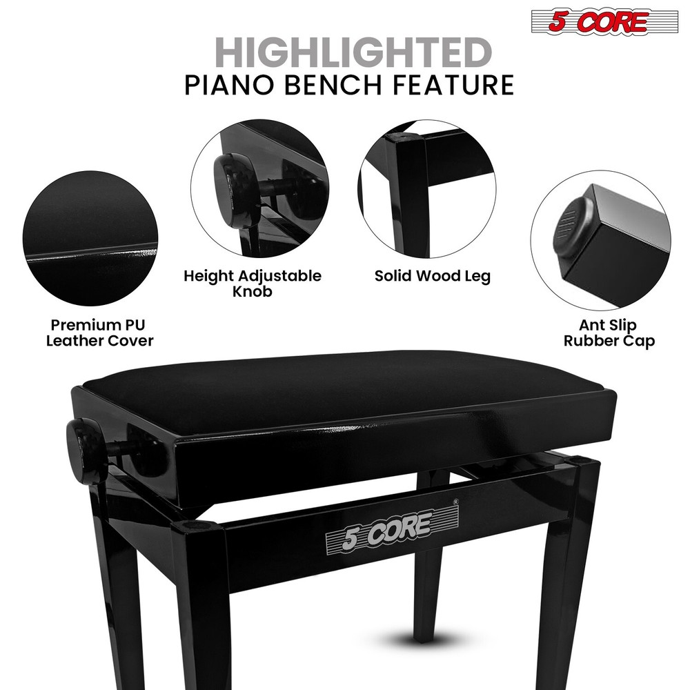 5 Core Adjustable Piano Bench Thick Padded Solid Wood Keyboard Stool Heavy Duty