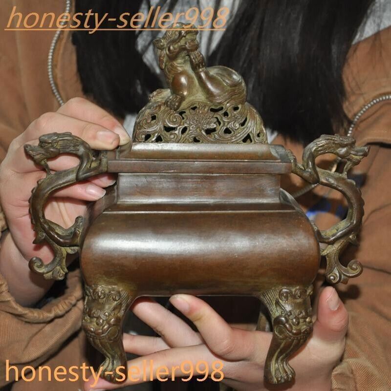 8.6" Ancient Chinese Pure bronze dragon loong beast statue Incense burner censer
