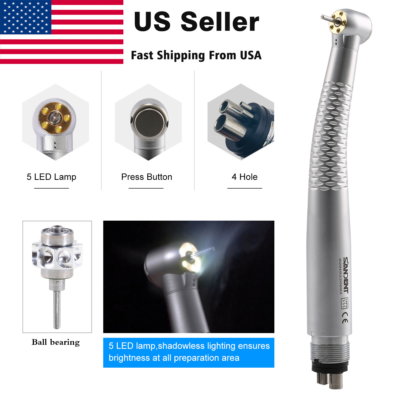 Dental 5Lights LED E-Generator High Speed Fiber Optic Handpiece 4Hole Shadowless