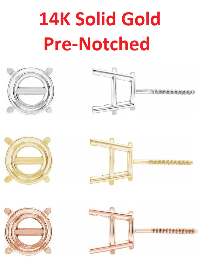 14K Gold Round Pre-Notched Stud Earring Basket Setting Threaded Post - 1 Piece