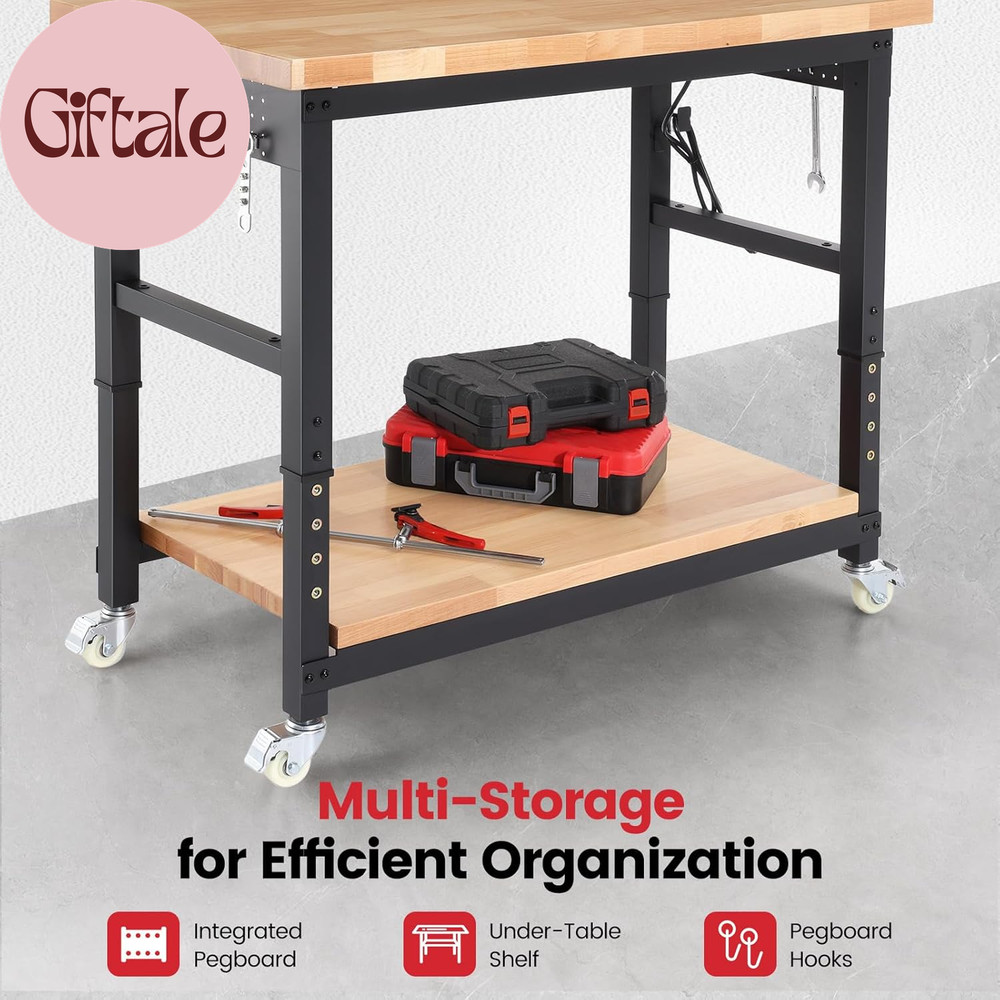 Workbench with Wheels 48 Inch Adjustable Height Work Table with under Table Shel
