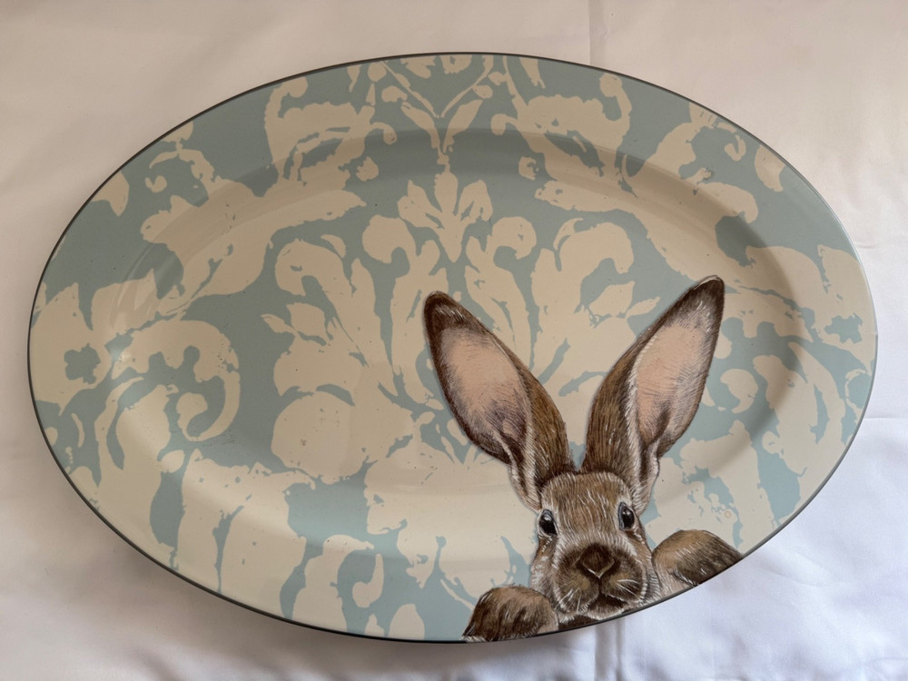 WILLIAMS SONOMA Damask Easter Bunny 18" Oval Serving Platter Discontinued EUC A+