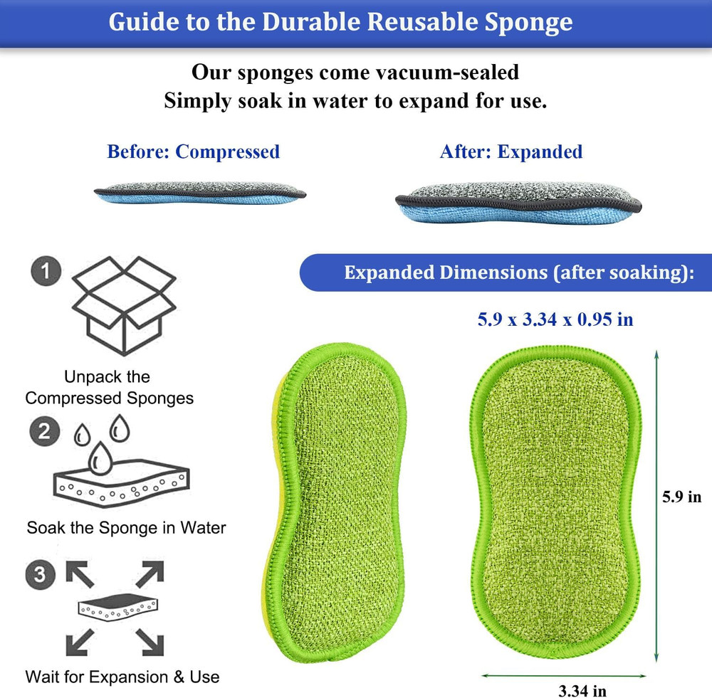 Dish Sponges Kitchen, 12 Pack Multi-Purpose Microfiber Scrub Sponge - Dual-Sided