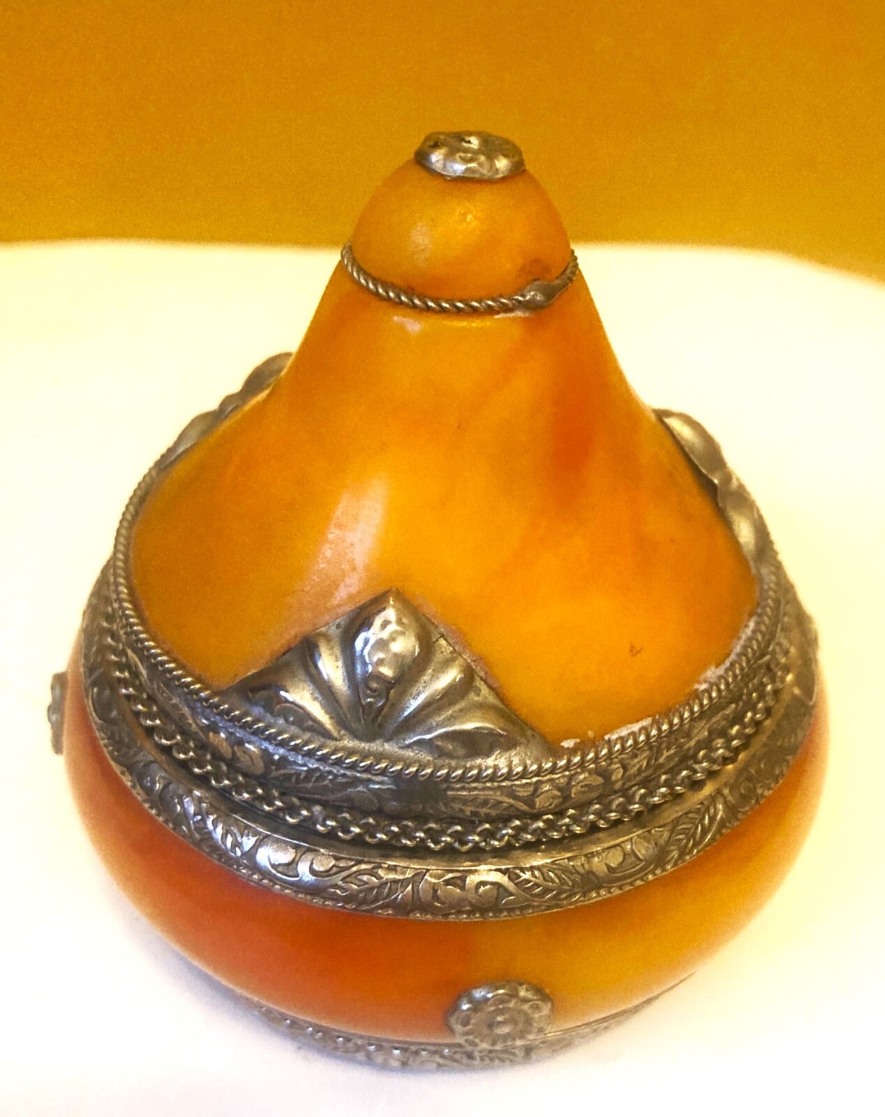 Vtg Handmade Moroccan Yellow Berber Amber Resin & Silver Trinket Jar/ Bangle 3"