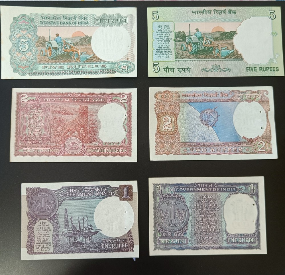 OLD Indian 5-2-1- Rupees 6 Different notes Un Circulated CRIPSY condition.