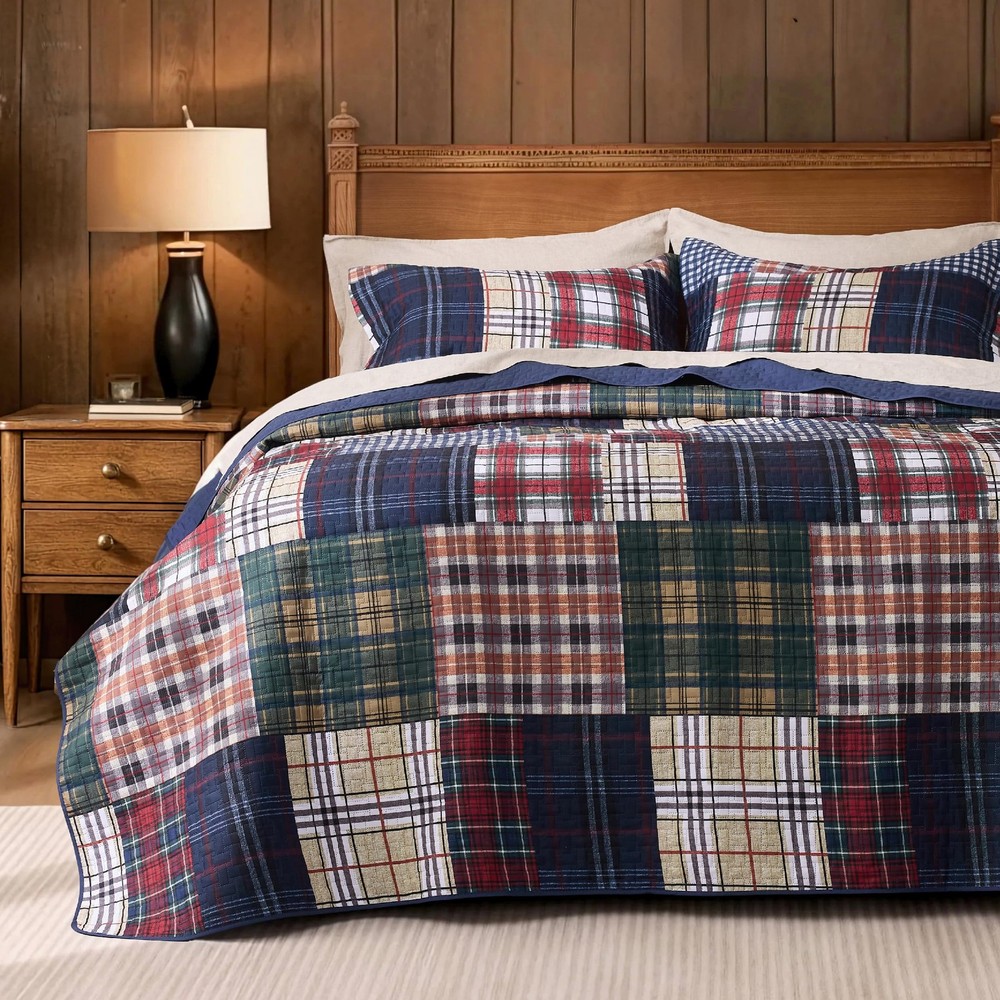 PPOLCA Patchwork Queen Quilt Bedding Set, Plaid Lightweight Queen, Dark Blue