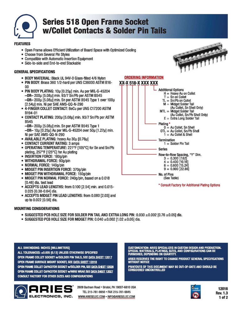 Aries Electronics P/N: 20-3518-10, IC Socket, DIP, 20POS, Gold