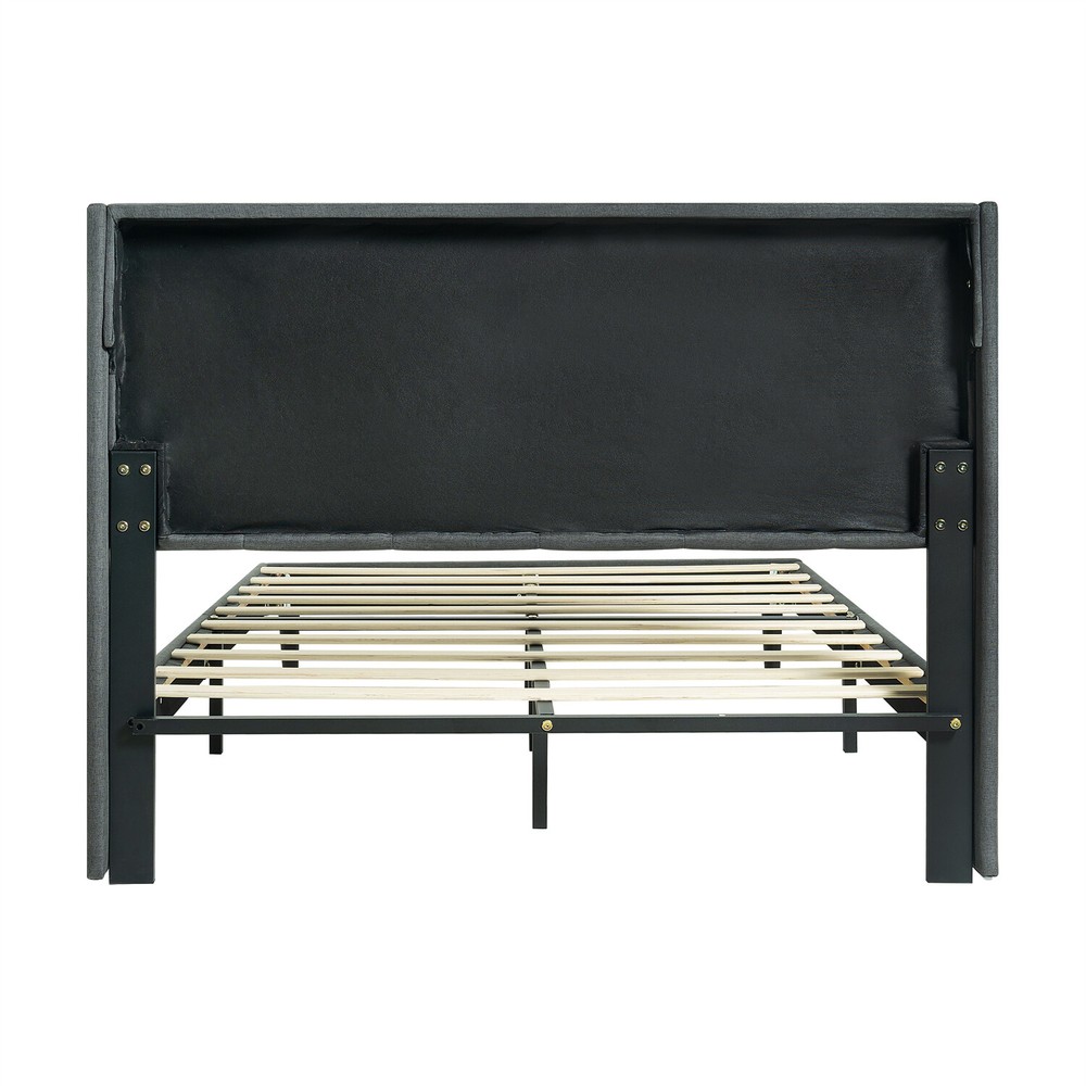 Queen Size Bed Frame Upholstered Platform Bed Frame w/ Headboard Drak Grey