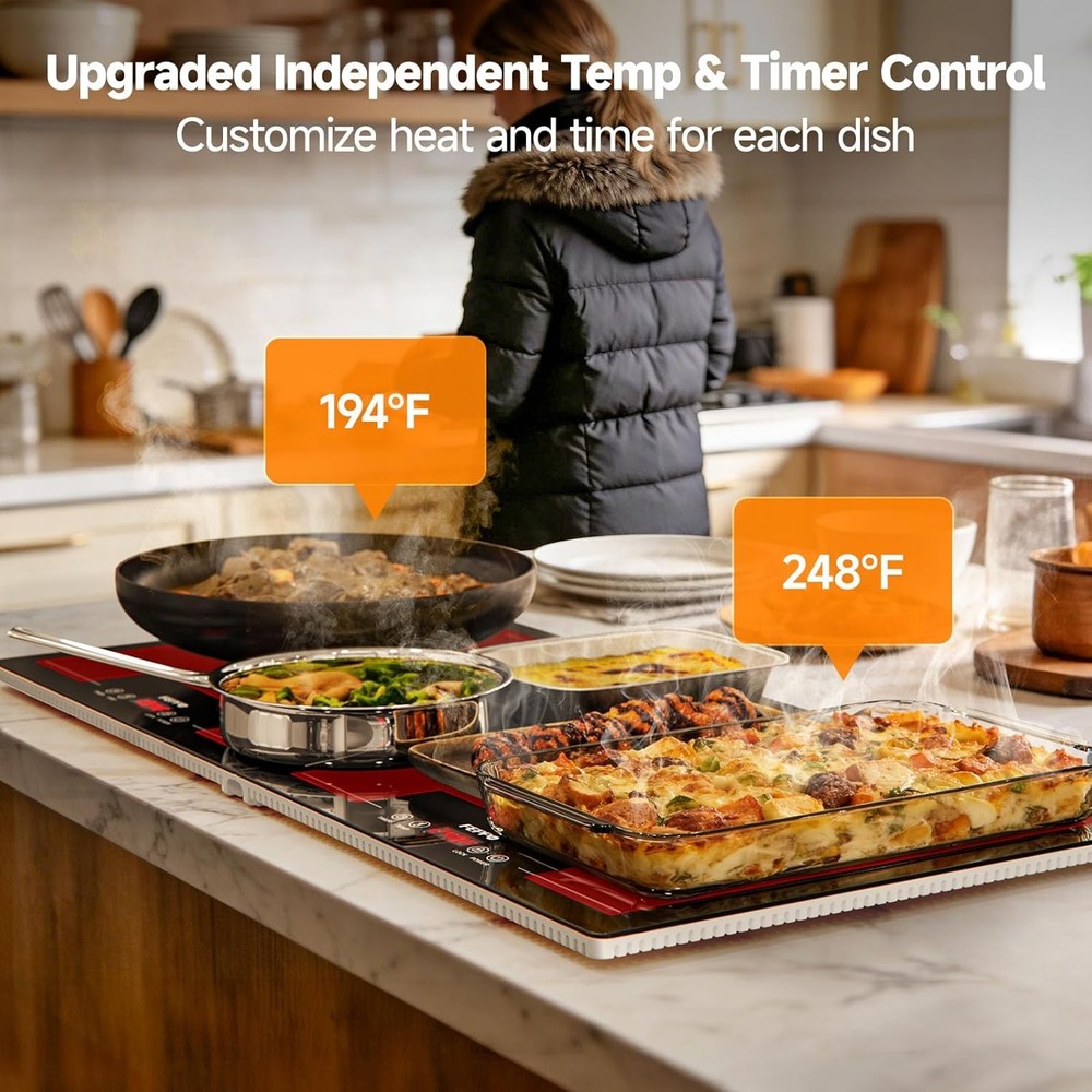 FEPPO Electric Warming Tray with Independent Temp & Timer Control, 2-in-1 Modula