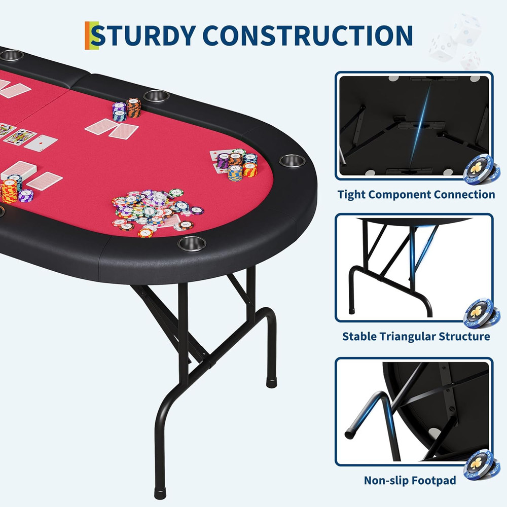 72" Foldable 8-Player Poker Table with Cup Holders & Storage Bag - Red