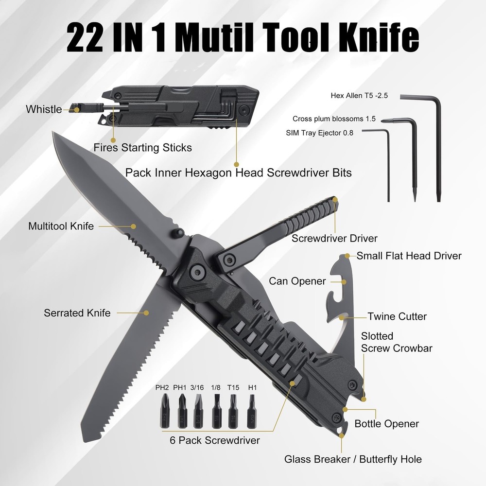 Multitool Knife with Nylon Pouch, 22 in 1 EDC Multi Tools with Fire Starting ...