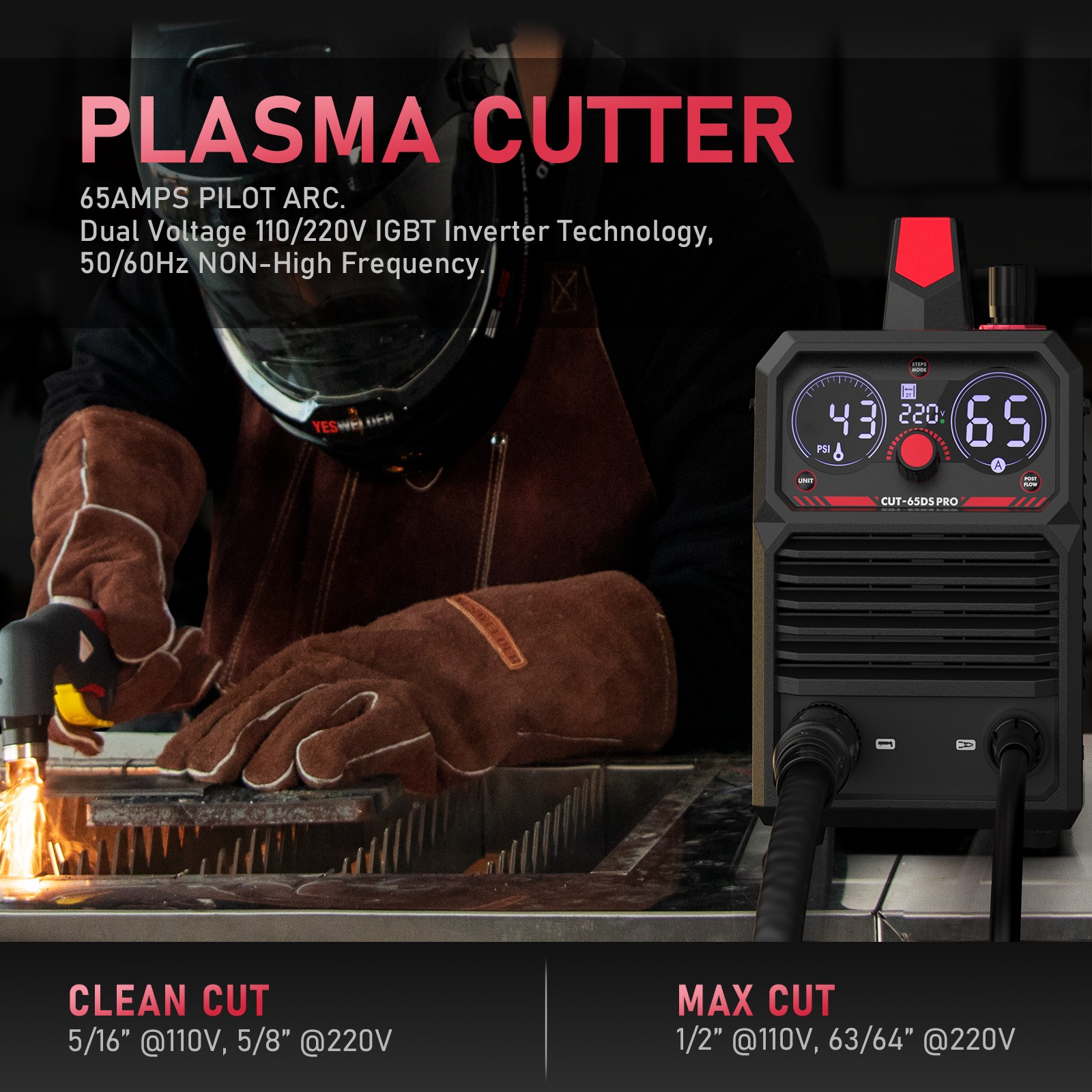 65Amp Plasma Cutter Non-HF Pilot Arc, Dual Voltage 110V/220V, Digital Display