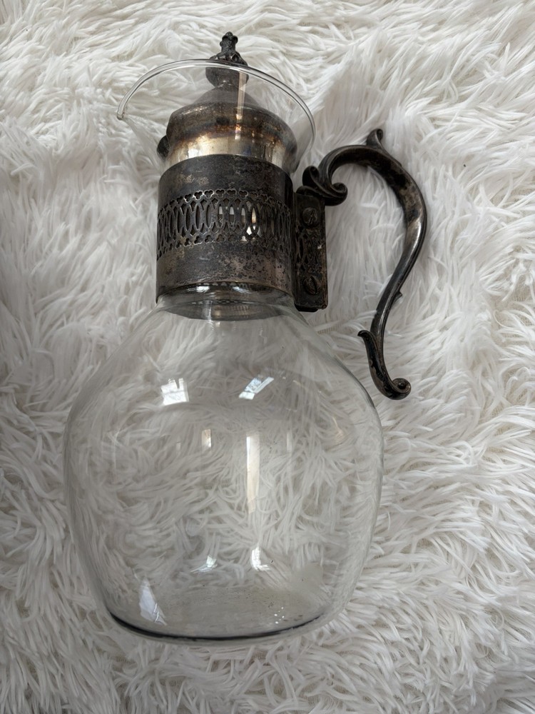 Vintage Chill-It Glass Pitcher Silverplate Mount Missing Ice Insert