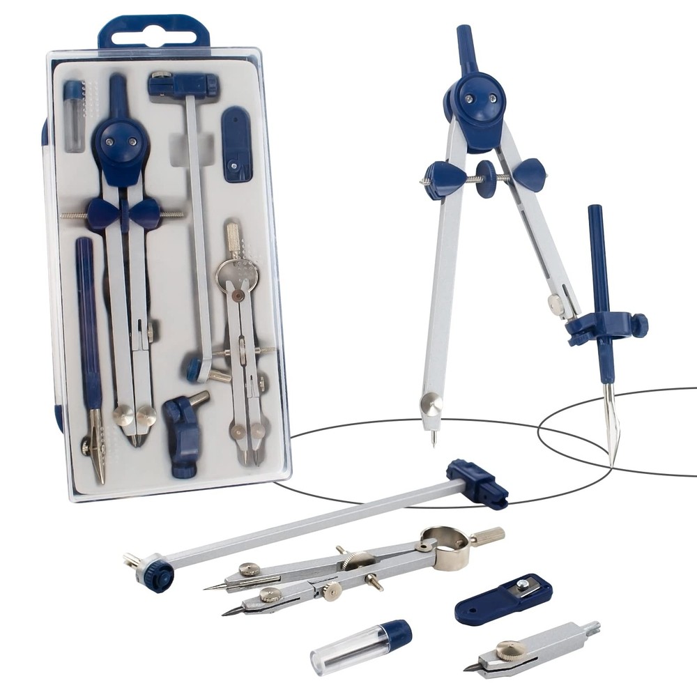 7-Piece Geometry Set - Metal Compass with Wheel and Lock - Precision Drawing ...