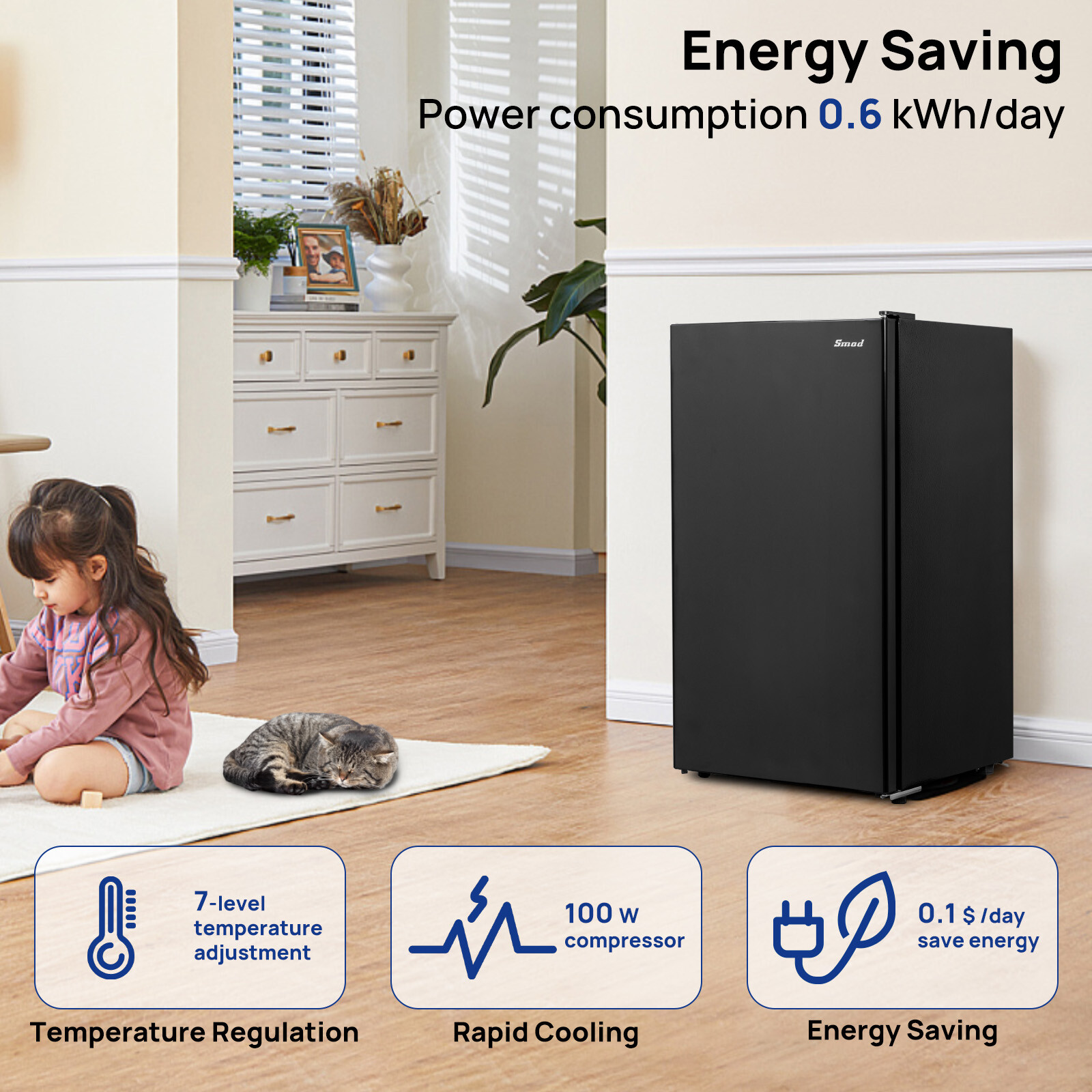 3.2 cu ft Home Refrigerator 32~50℉ Compact Fridge Energy Saving 115V Low Noise