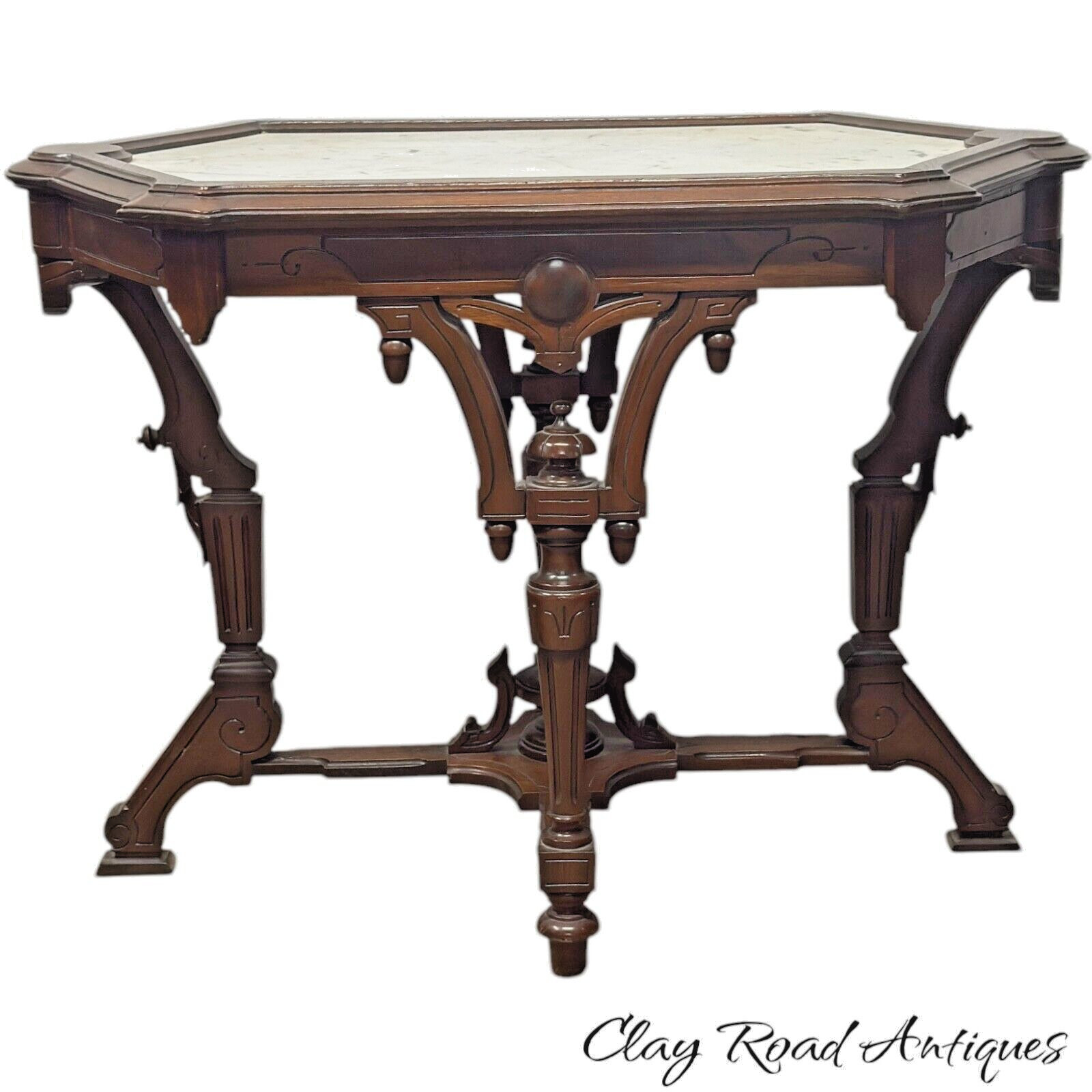 antique Rennaissance revival Victorian walnut parlor center table marble  1870