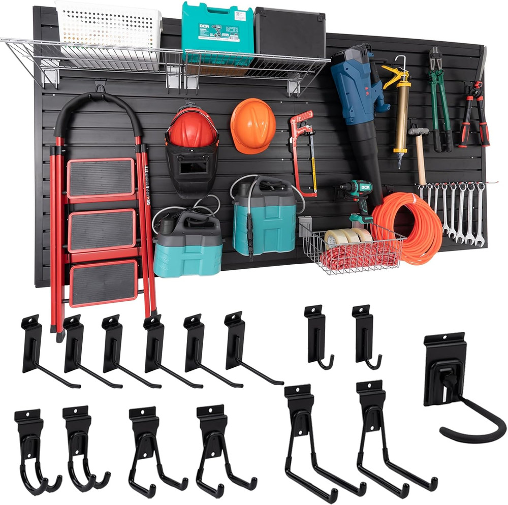Black Slatwall Panel Storage System with 15 Accessories for Home and Retail