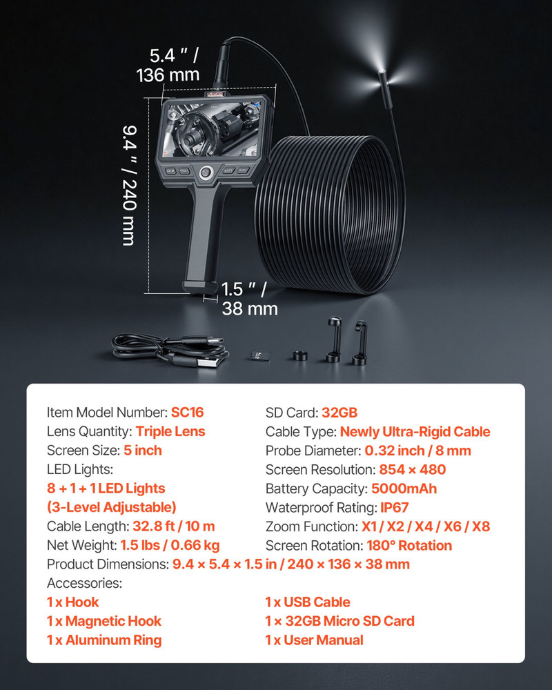 Triple Lens Endoscope 32.8FT Cable 5" Screen Borescope Camera w/ Light IP67