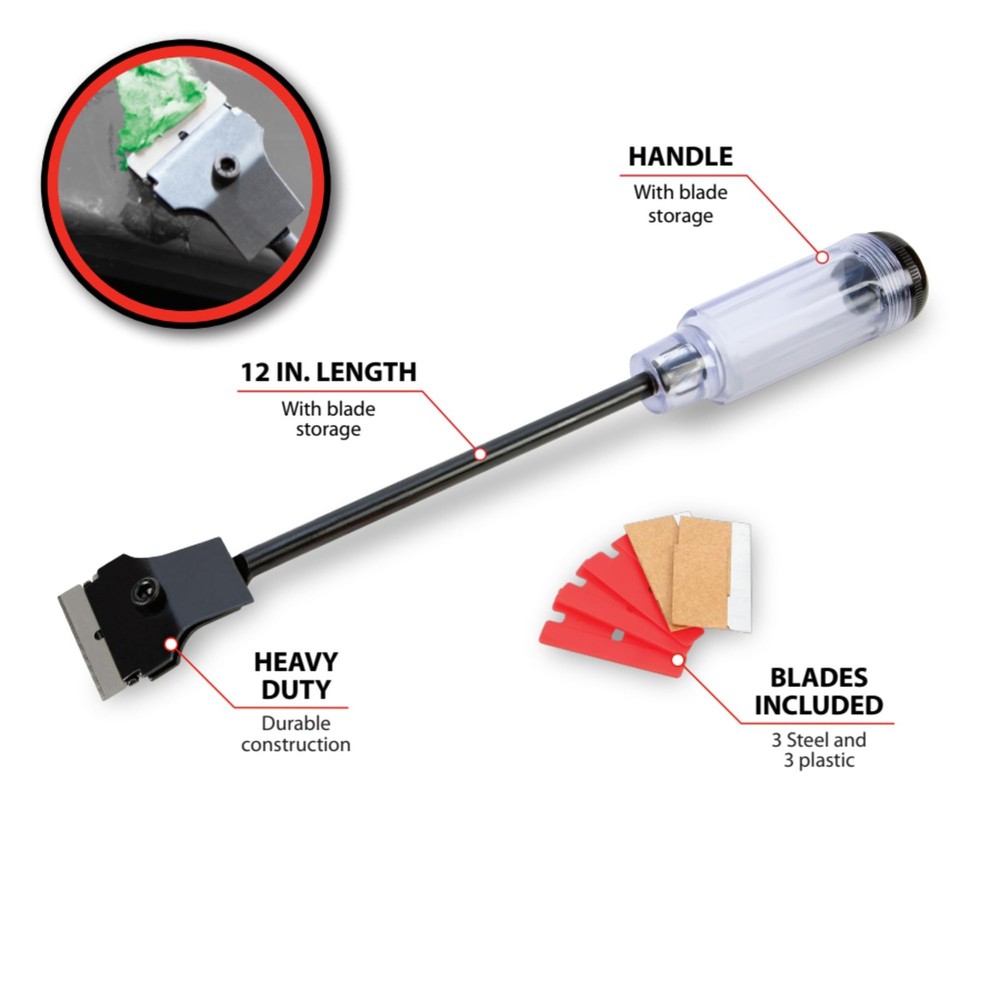 W233 12Inch Long Reach Extension Scraper with 3pc Double Edged Plastic Razor ...