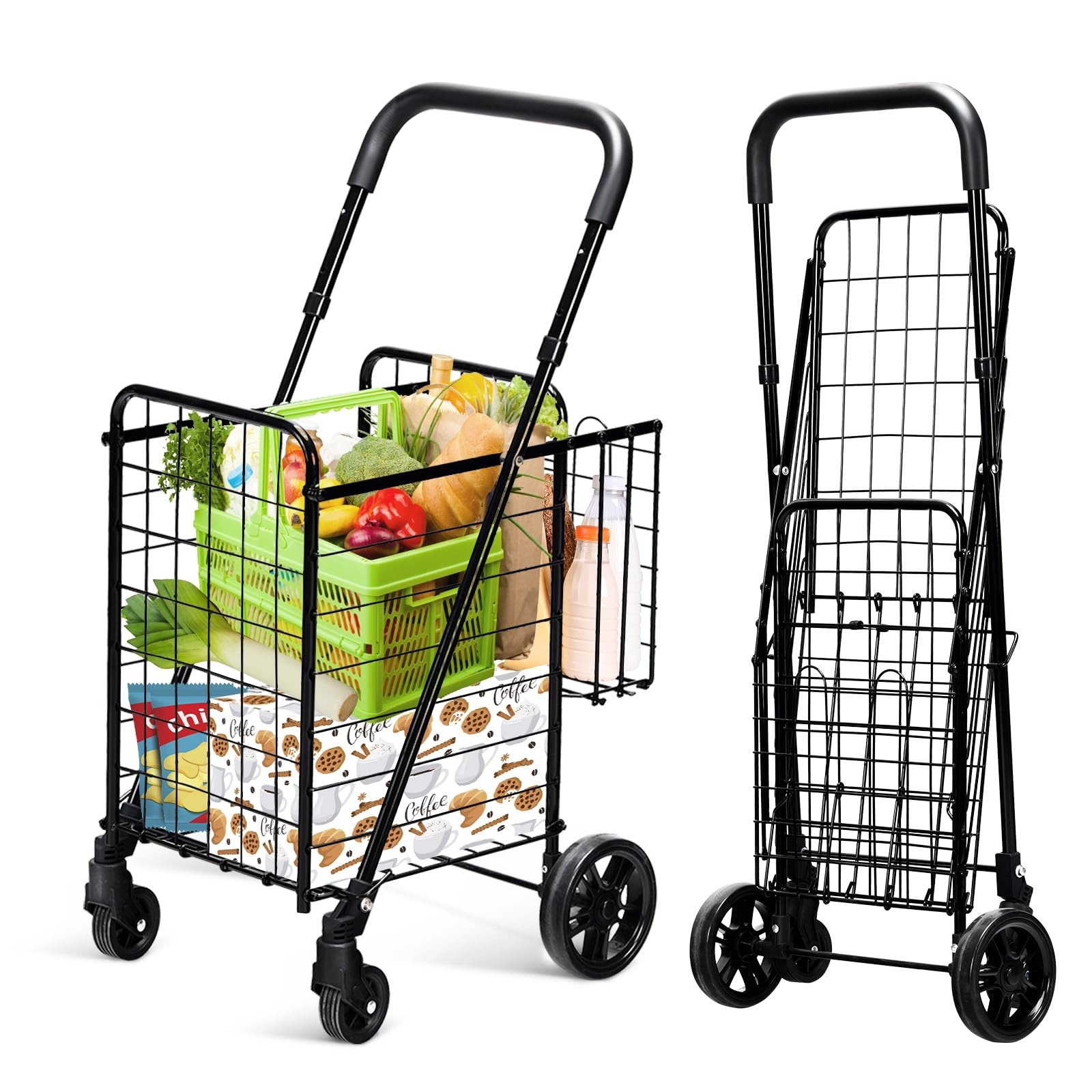 Foldable Heavy Duty Grocery Cart Adjustable Handle Extra Basket 360 Wheels