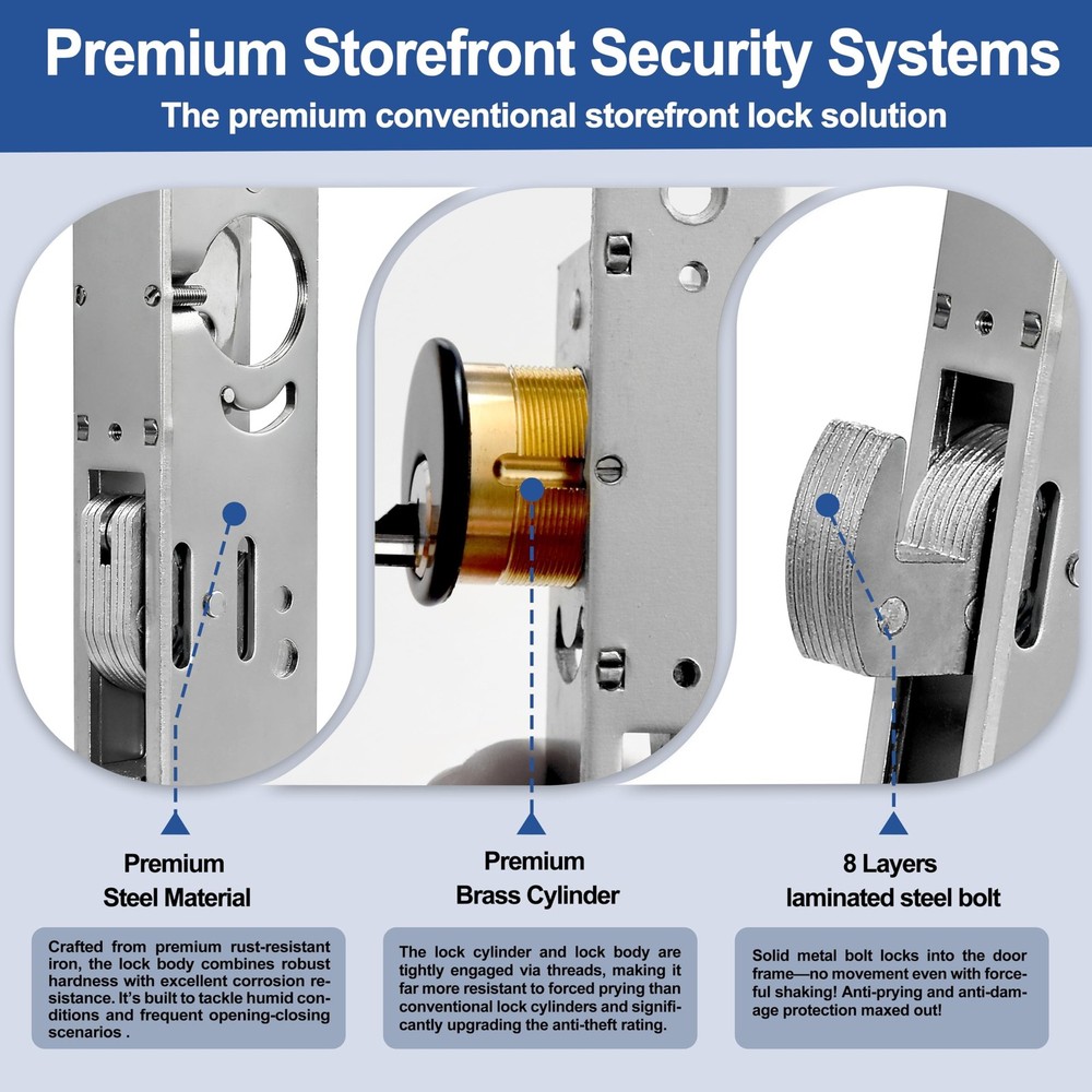 Storefront Door Lock Commercial Mortise Hook Bolt, Solid Brass Cylinder with ...