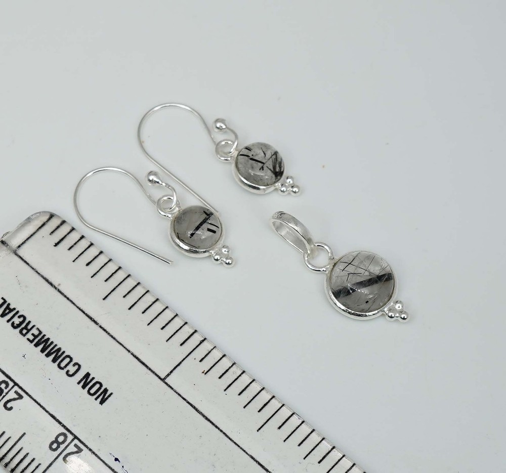 925 Solid Sterling Silver Black Rutile Hook Earring Pendant Set