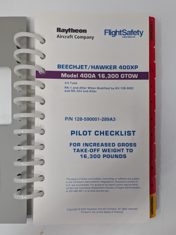 Beechjet/Hawker 400XL Pilot Checklist: reference handbook 400A 16/300 GTOW
