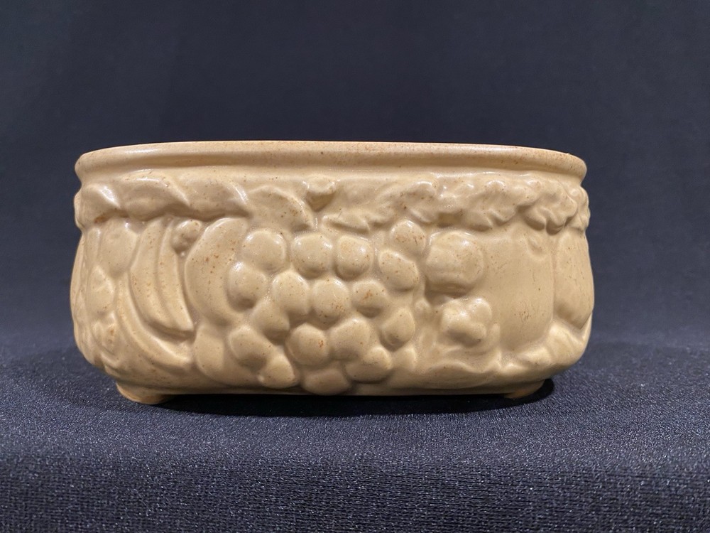 Vintage Speckled Mustard Yellow Ceramic Planter Rounded Rectangle Embossed Fruit