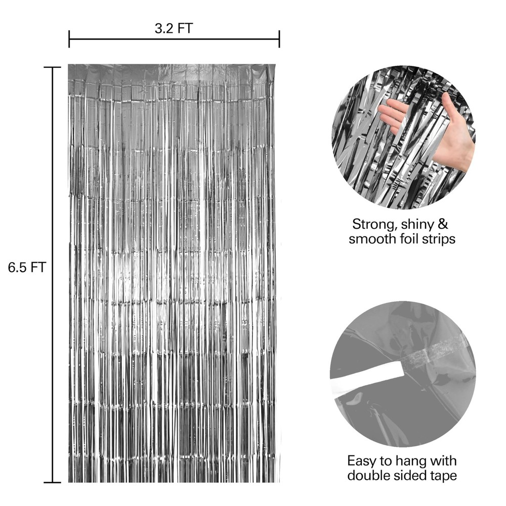 Hampton Distribution 2 Pack Silver Foil Fringe Curtains, Silver Tinsel Backdr...