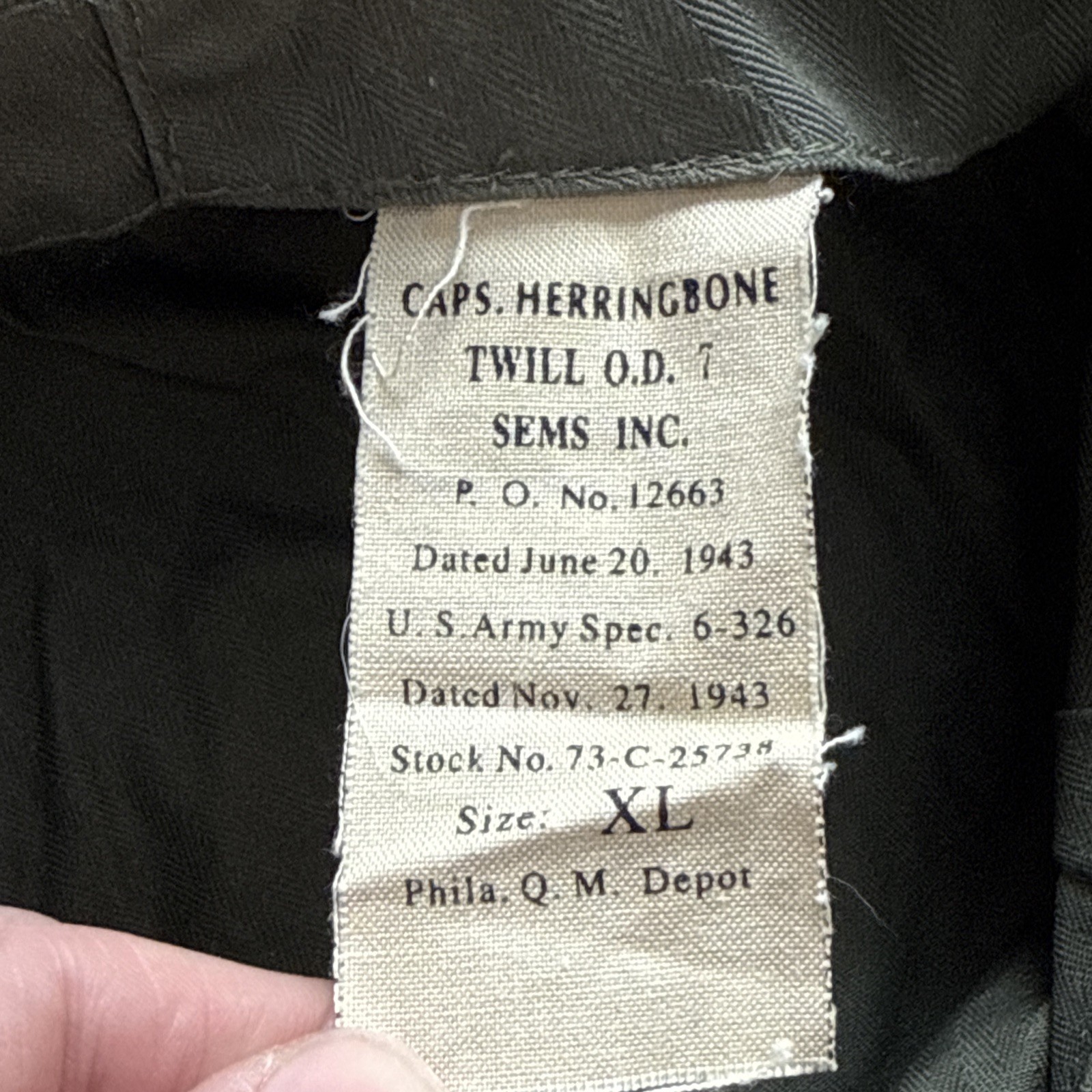 US Army HBT Fatigue Hat Cap WWII, Dated 1943, Herringbone, Size XL VTG