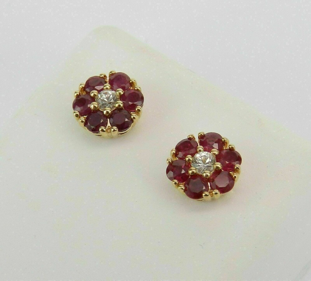 1Ct Lab Created Ruby Stud Earrings Flower Wedding Studs 14k Yellow Gold Finish