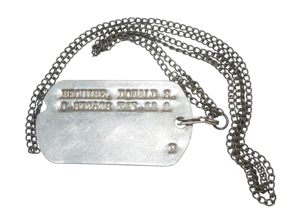 WWII US Army Air Force OFFICER Dog Tag & STERLING J Hook Chain Meguire DR10