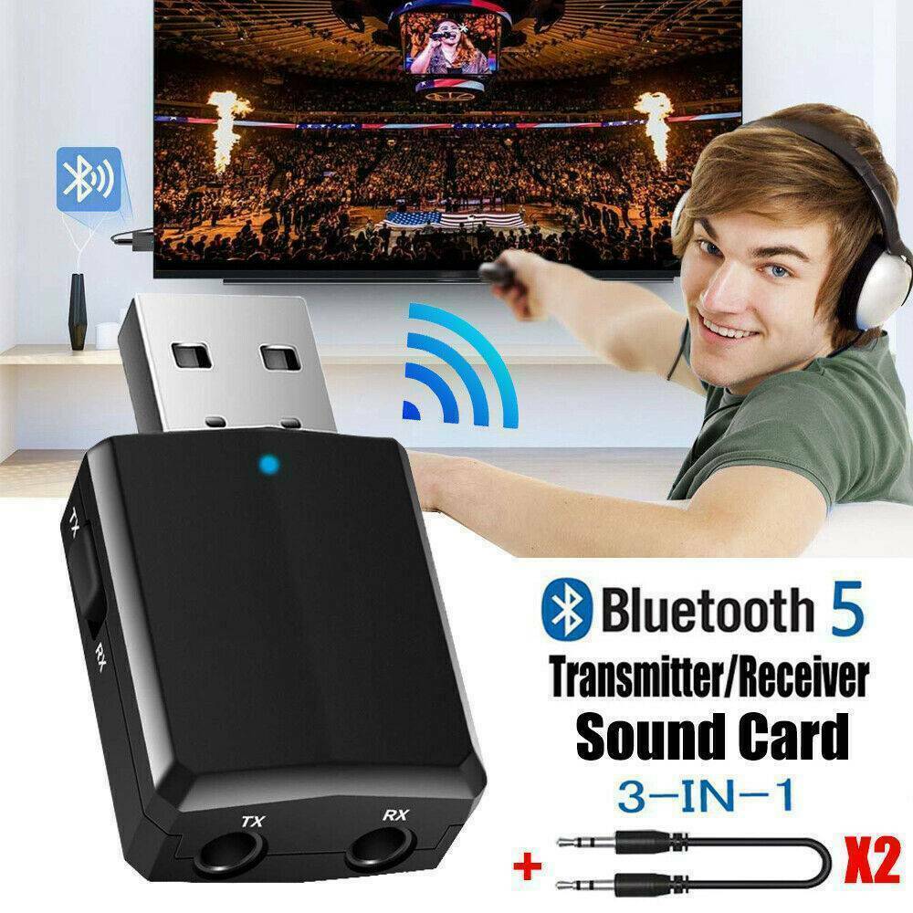 3 in 1 USB Bluetooth 5.0 Audio Transmitter/Receiver Adapter For TV/PC/Car Black
