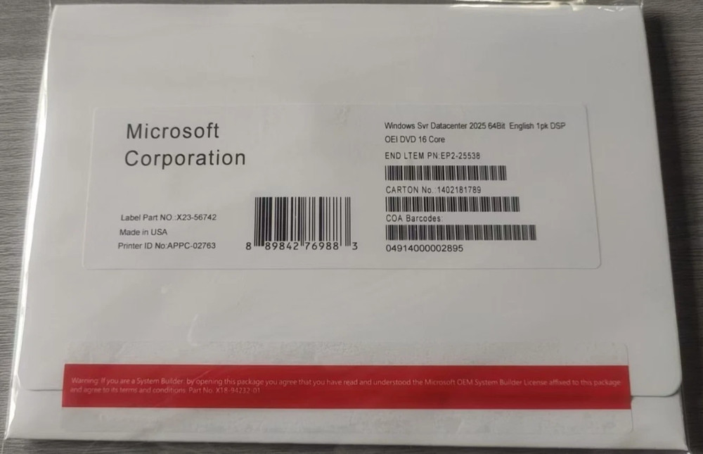 New Windows Server 2025 datacenter 64bit 16 Core DVD + PRODUCT LICENSE KEY
