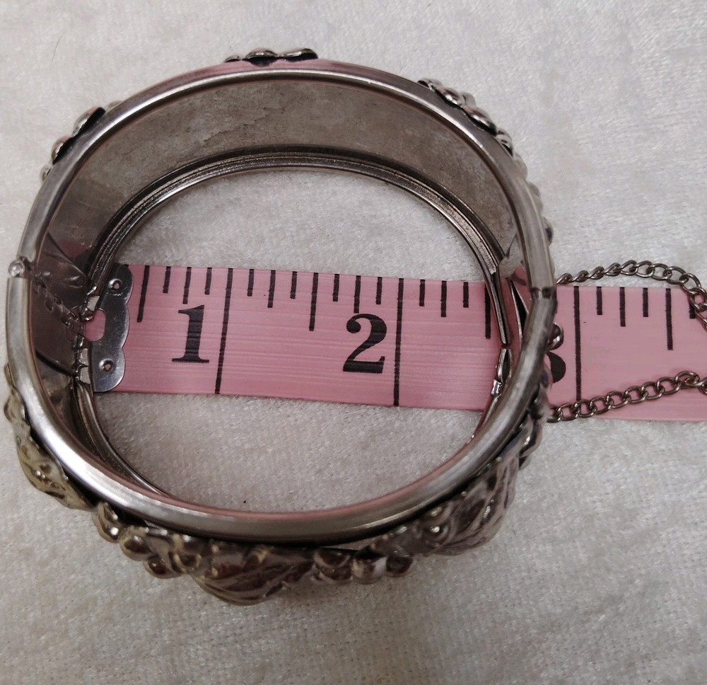 Circa 1960's Silver Tone Repousse Grape Cluster Bangle Bracelet Hinged Bracelet