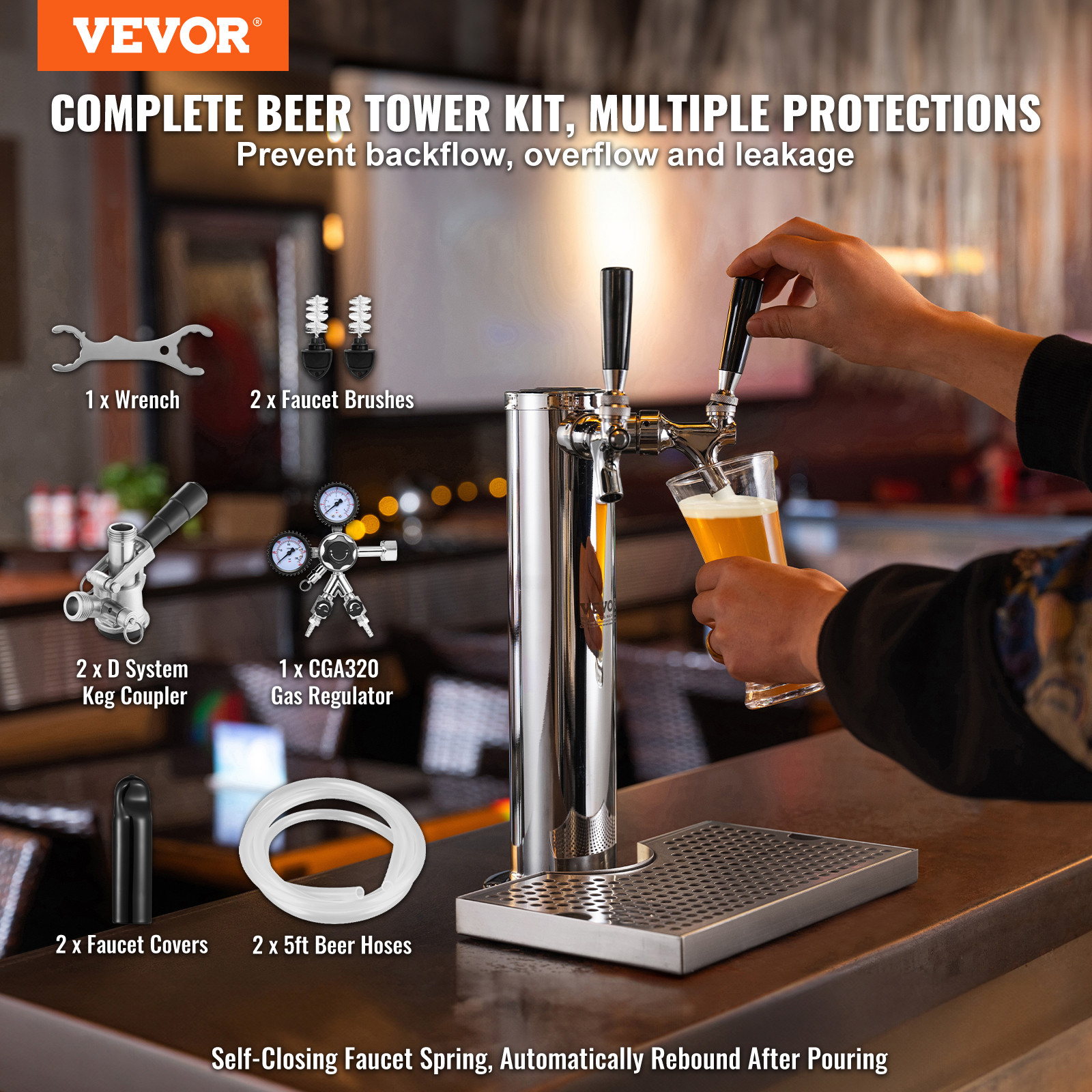 VEVOR Kegerator Tower Kit Double Taps Beer Conversion Kit with Beer Drip Tray