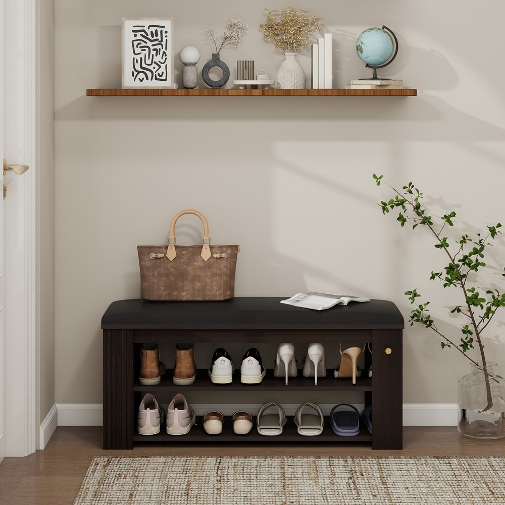 Multi-Functional Leather Storage Bench Entryway Ottoman with Shoe Rack and Hooks