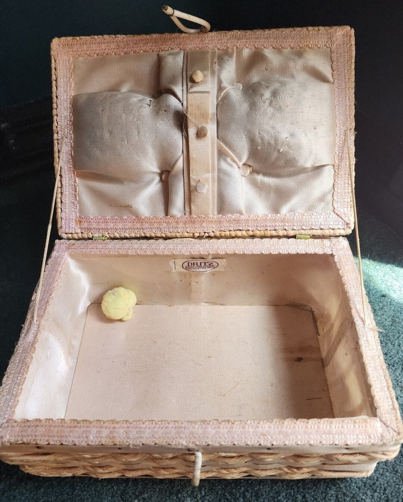 vintage wicker sewing kit box