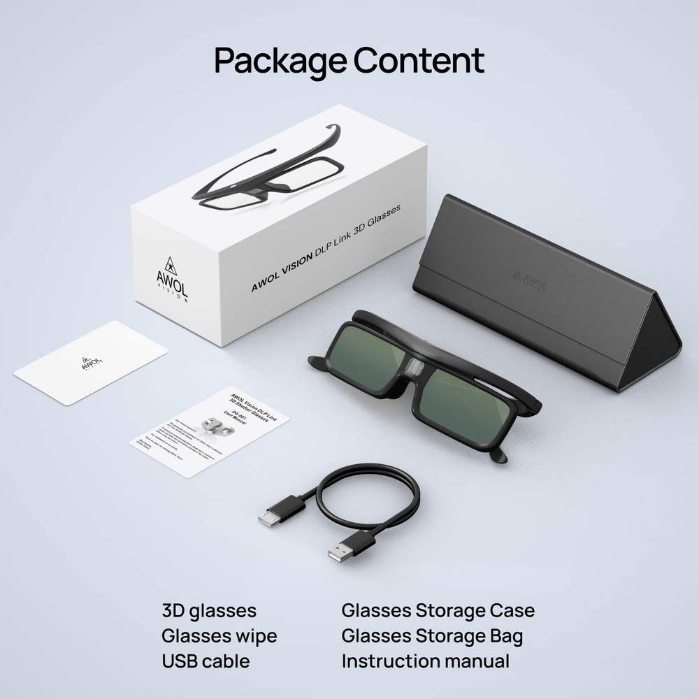 AWOL VISION DLP Link 3D Glasses, Rechargeable Active Shutter 1 Pack, Black