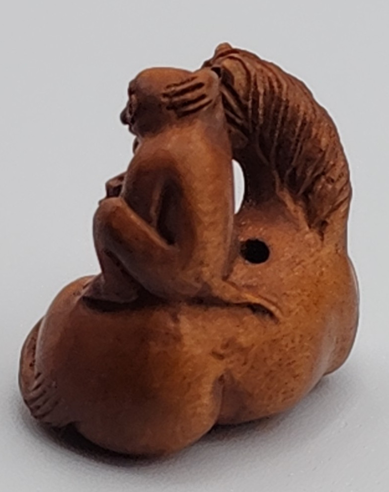 Ojime Bead? Carved Wood Monkey on Horse 2.5 cm Wide x 2.5 cm Tall Signed