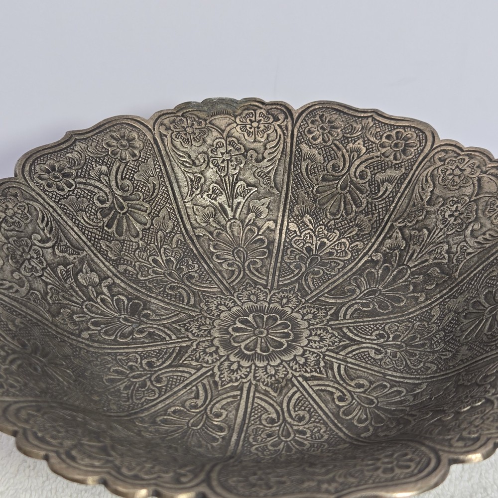 Ornate Solid Floral Footed Dish Bowl 8” Offering Plate Candy Dish Made In India