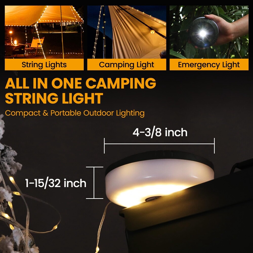 EverBrite Rechargeable LED Camping String Light 29.5FT Outdoor Tent Light 8 Mode