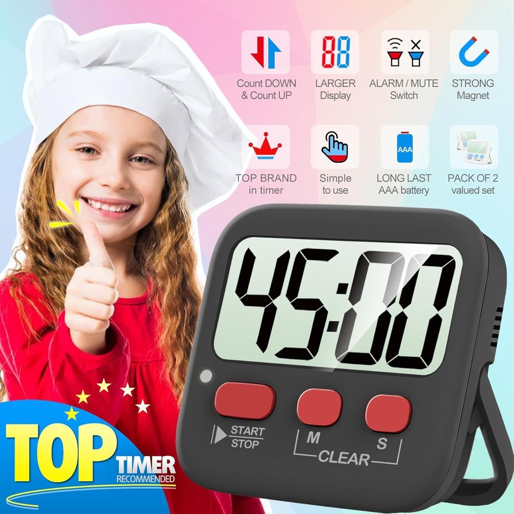 2 Pack Digital Timer for Kids, Magnetic Countdown Kitchen Timers for Cooking,...