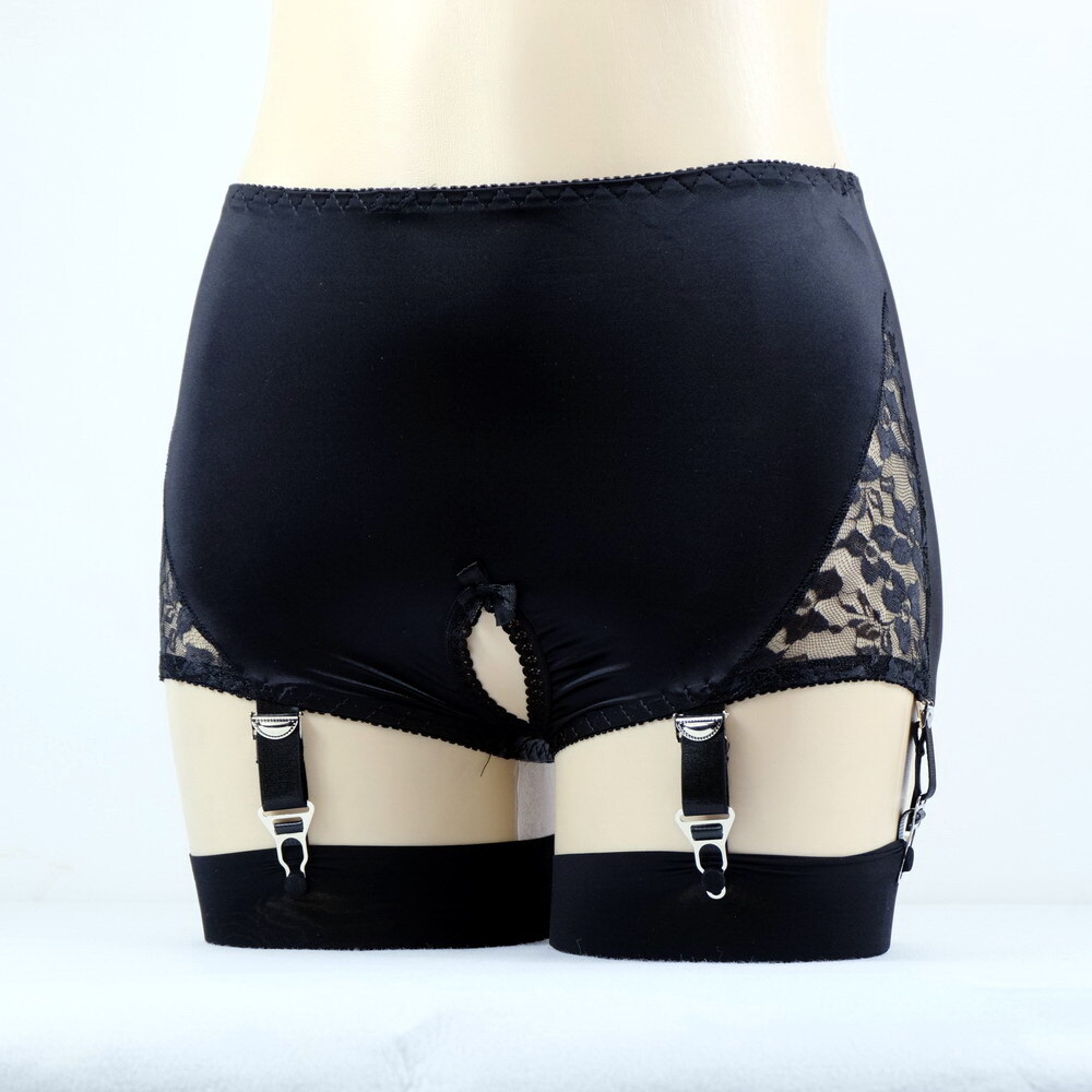 Luxallacki Crotchless Garter Panties 6 Straps Metal Clips Lace Satin Lingerie