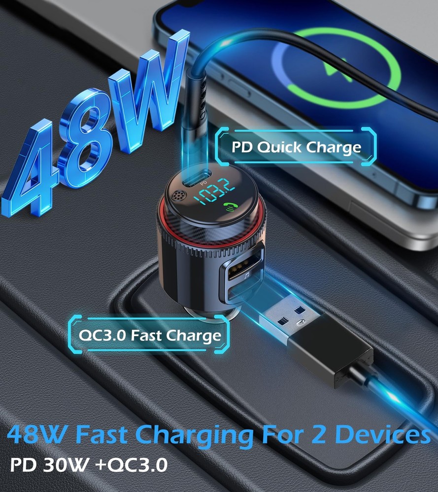 LIHAN Bluetooth 5.4 Car FM Transmitter, Wireless AUX Adapter with Mini, Black