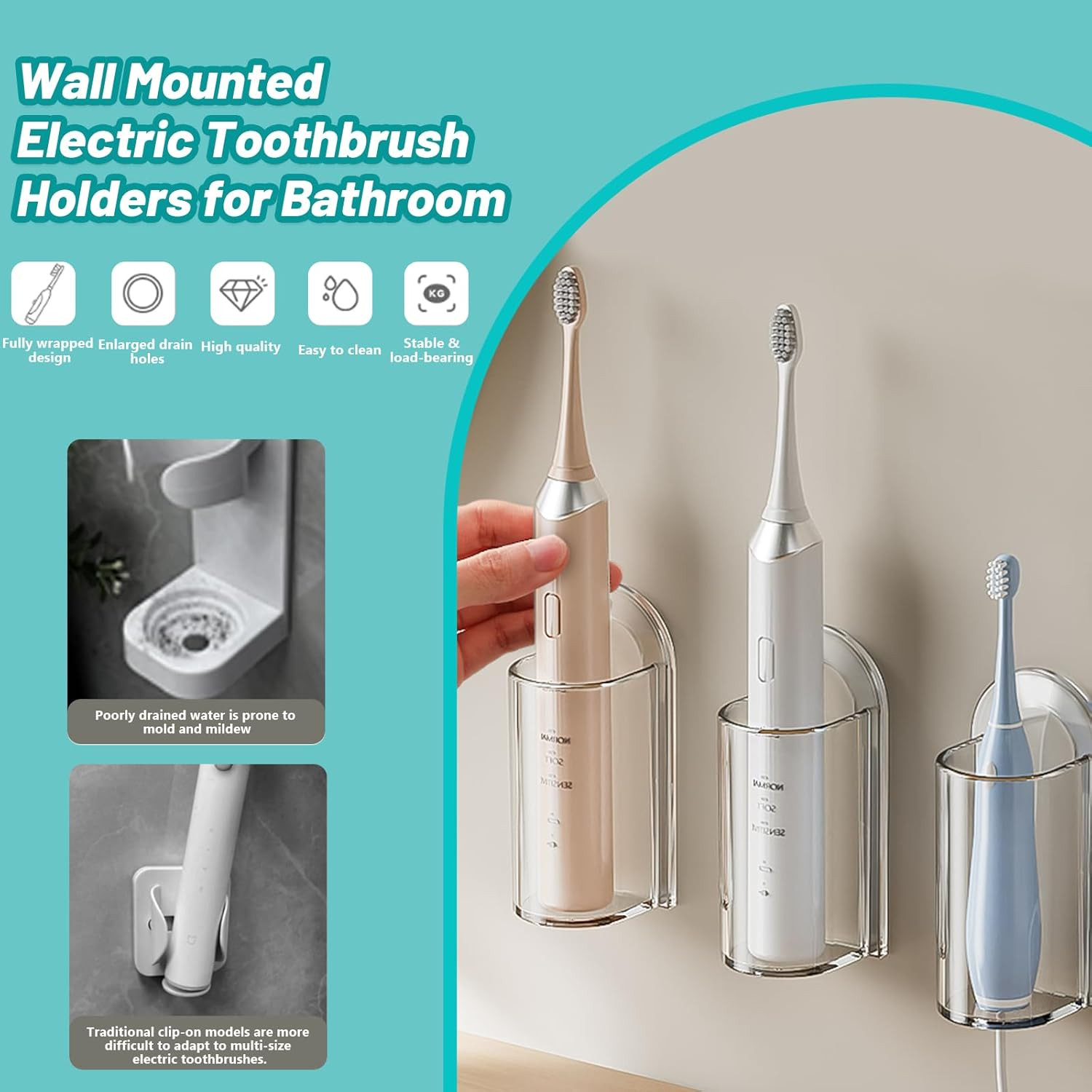 2 Pack Electric Toothbrush Holders for Bathroom, Wall Mounted Clear Electric Too