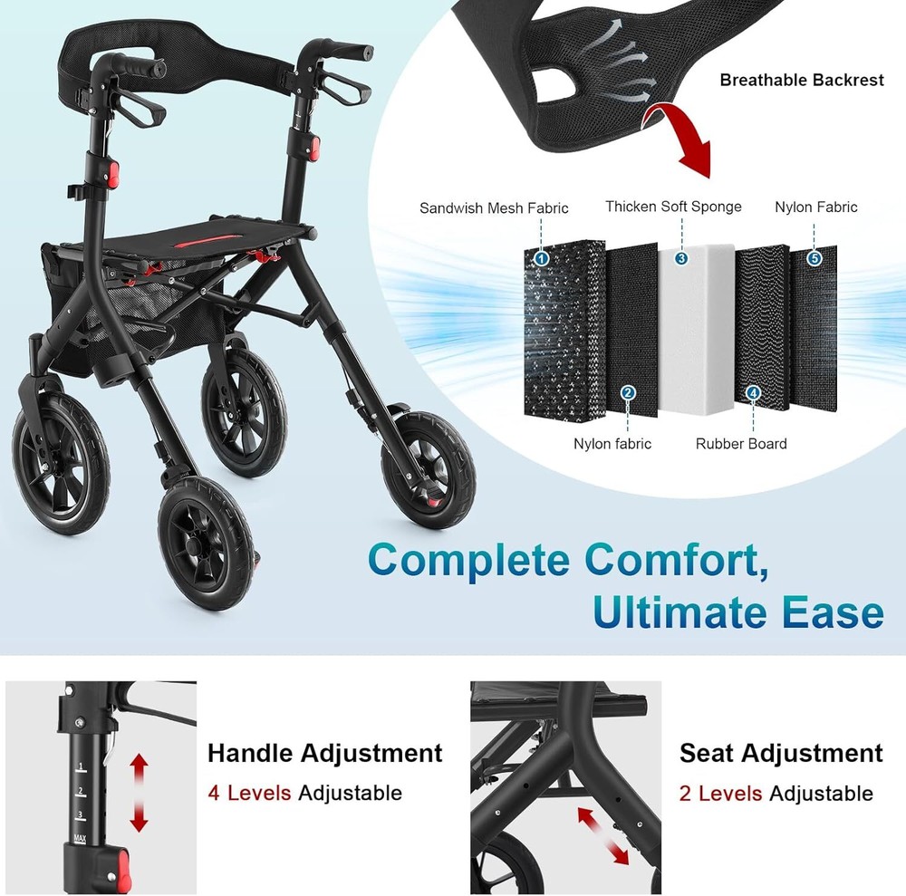Rollator Walker for Seniors, Lightweight Foldable All Terrain Rolling Walker